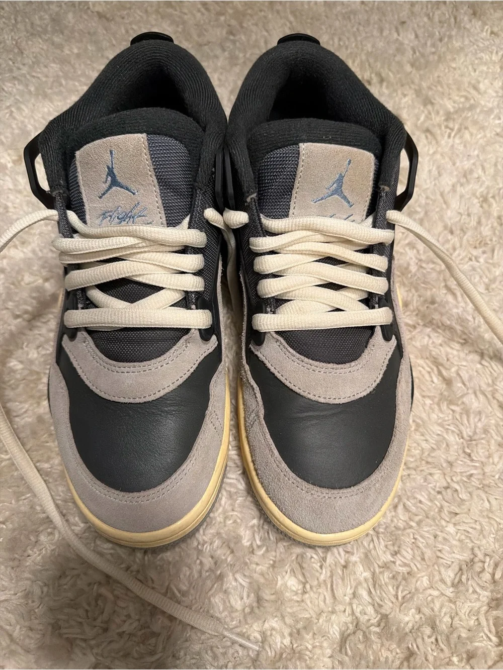 Jordan men’s Low-Top Sneakers in Black, Gray and Cream with Light Blue Jumpman